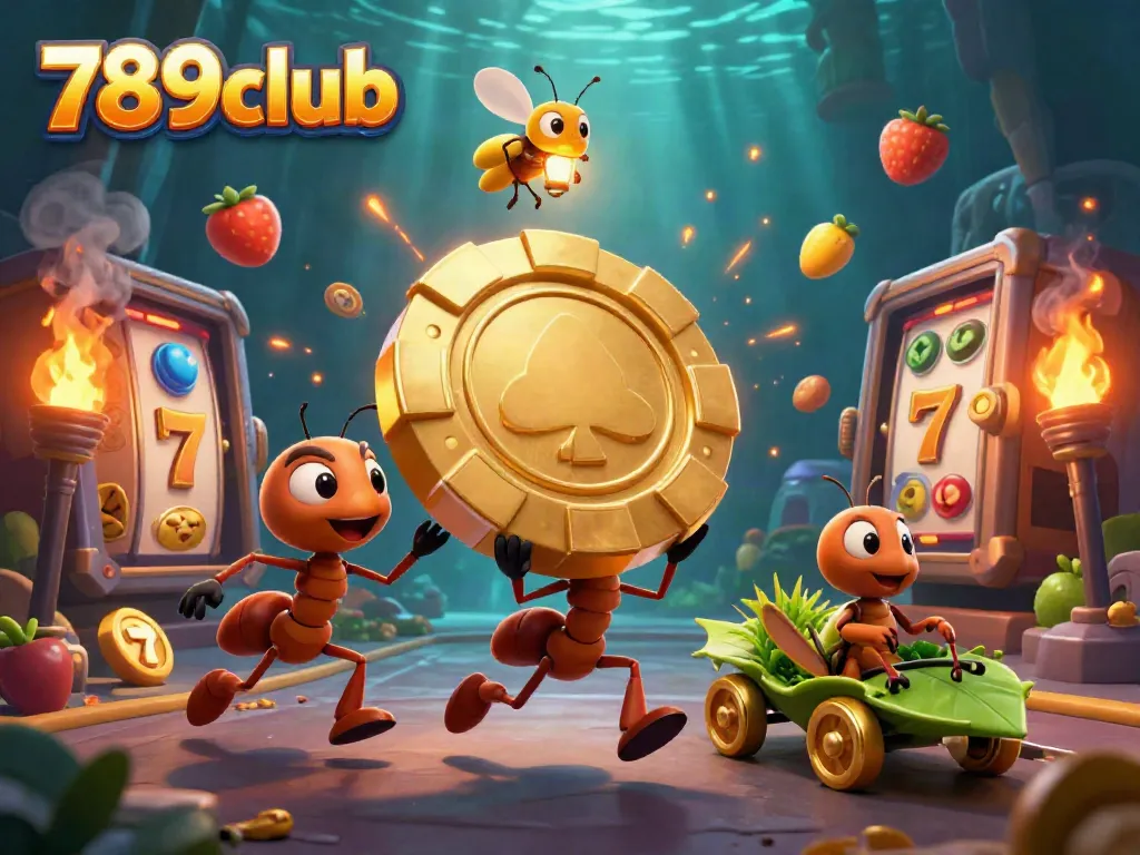 Join the 789club heist with ants carrying a golden poker chip, showcasing thrilling slot game elements.