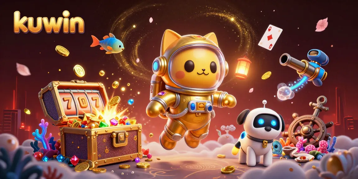 Kuwin spins vibrant slot reels with a space cat and robot companion in an energetic casino scene.