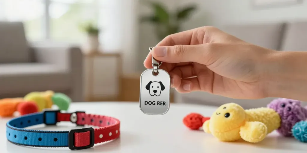 Gepersonaliseerde honden penning met de naam van een hond zichtbaar in een gezellige woonkamer.