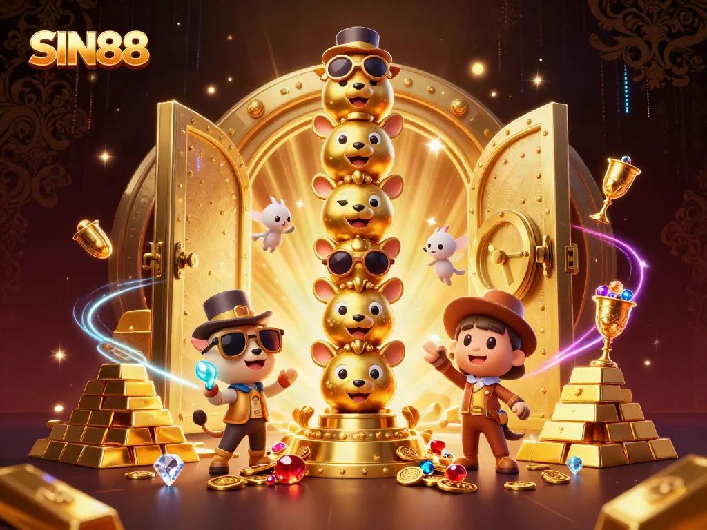 Experience excitement and luxury with SIN88's 3D totem illustration showcasing vibrant casino elements.