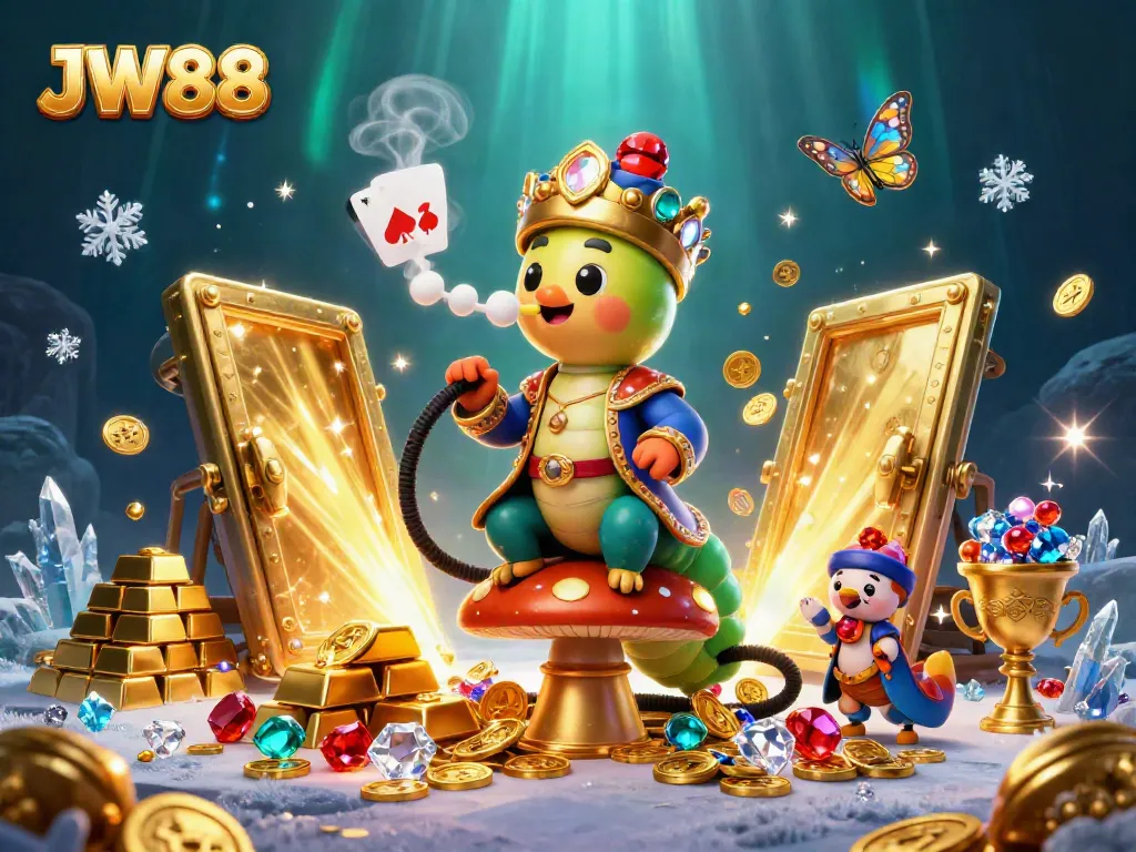 Experience JW88's vibrant casino world with a caterpillar hookah-master amidst treasures and poker symbols.