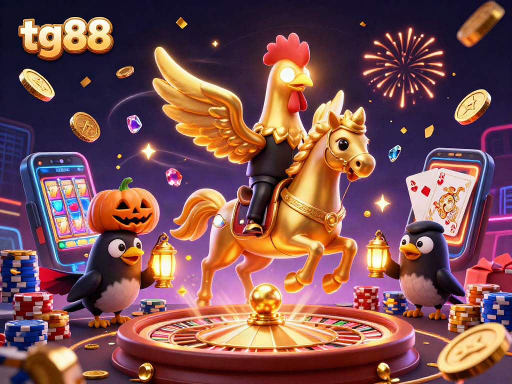 Experience excitement with tg88 in a lively casino scene featuring golden rooster and festive elements.