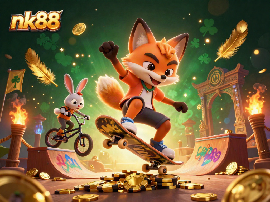 nk88 featuring vibrant 3D cartoon casino scene with a skateboarder fox and BMX rabbit in action