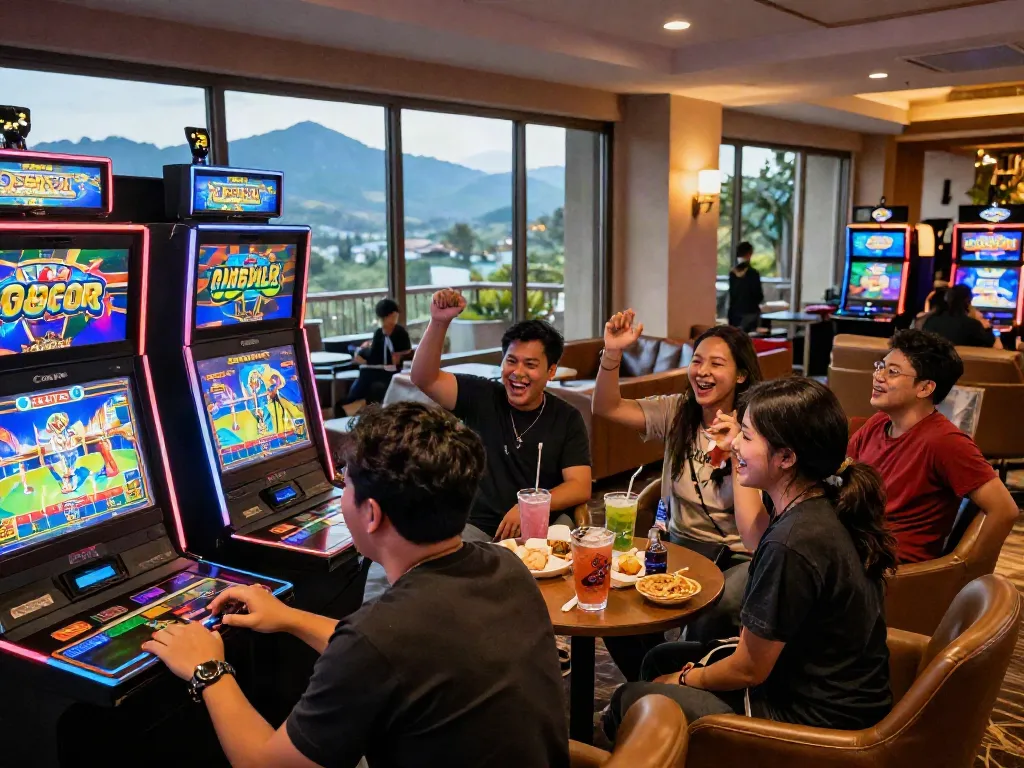 Pengalaman slot gacor hari ini di resor kasino dengan teman-teman, suasana ceria dan pemandangan indah.