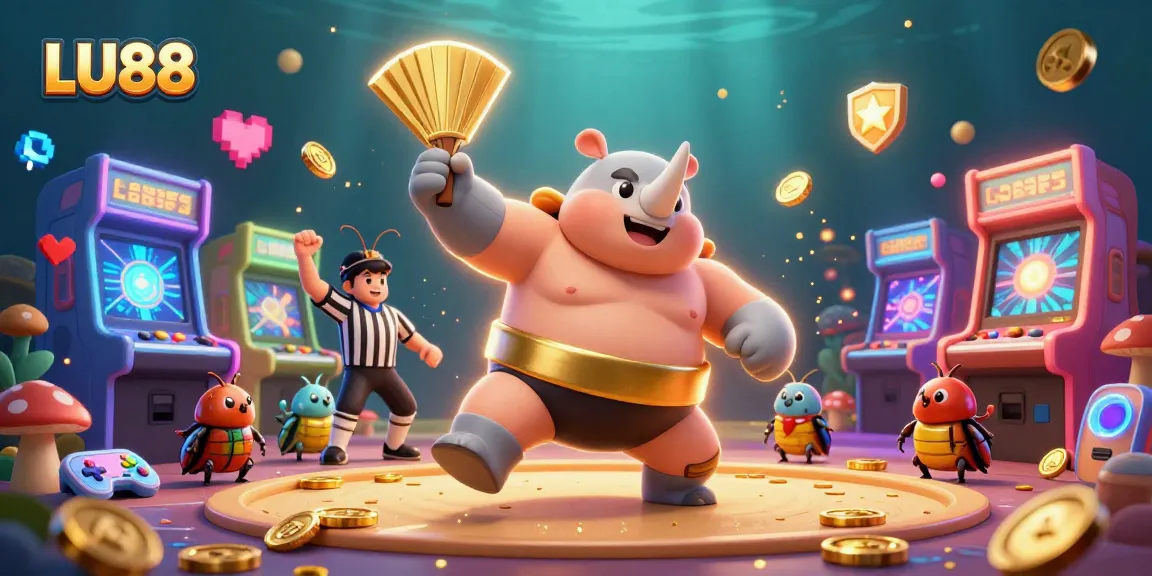 LU88's engaging 3D casino scene showcases a beetle champion, sending coins flying while players enjoy arcade games.