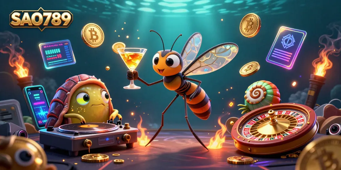 SAO789 players enjoy jackpot thrills at a vibrant casino scene with golden roulette and crypto elements.