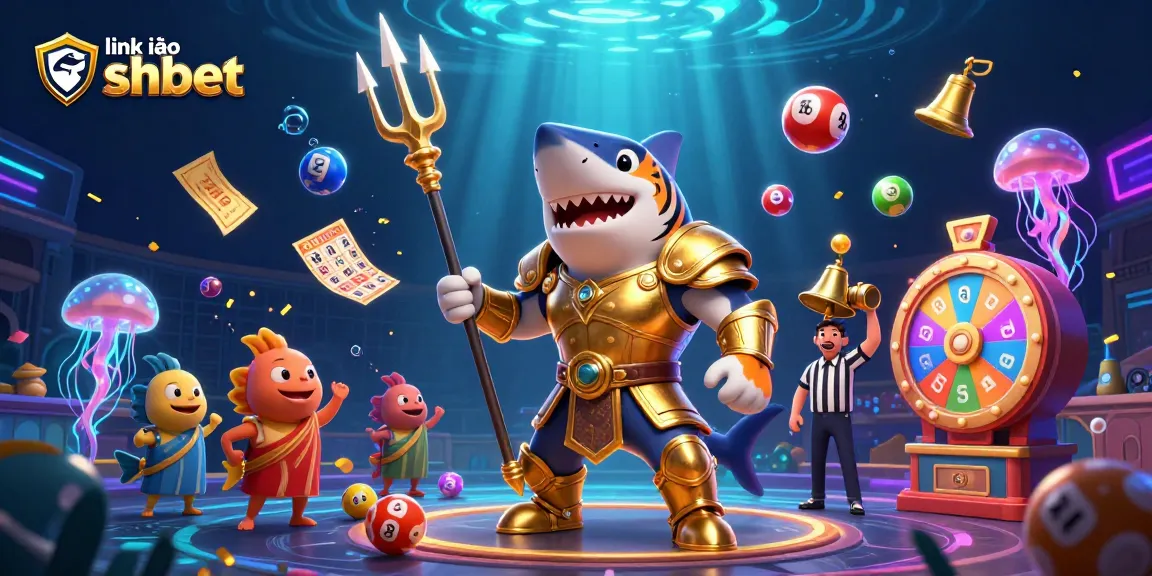 Engage with link vào shbet in an exciting underwater casino scene featuring a tiger shark and colorful lottery elements.