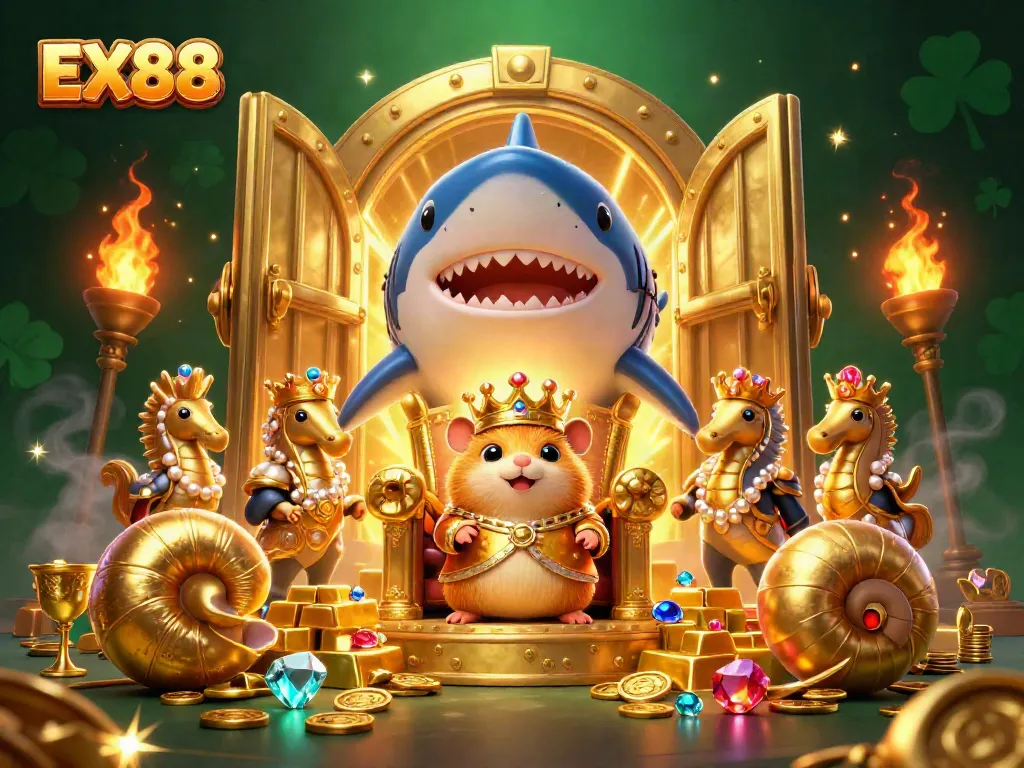 Engage with EX88's exciting realm where the golden hamster king reigns supreme in a lavish 3D casino.