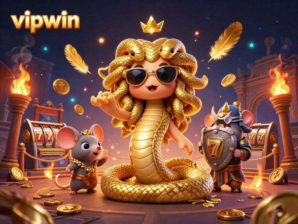 Experience thrilling slots at vipwin with friendly Medusa and a warrior mouse in a vibrant casino scene.