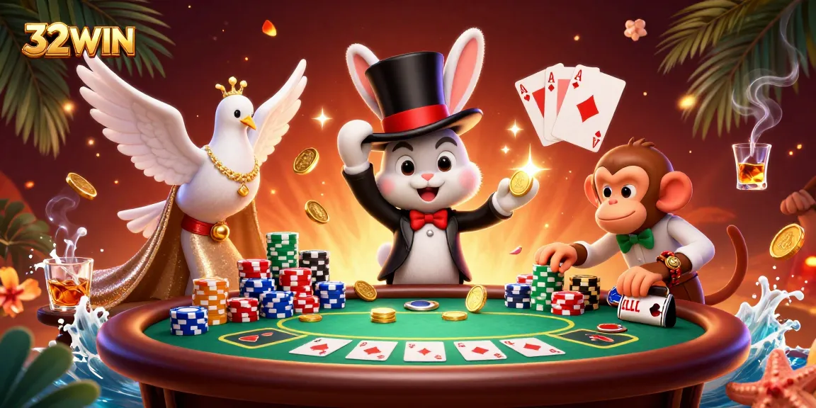 Engage with the excitement at 32WIN featuring a magician rabbit, dove, and monkey in a rich casino tableau.