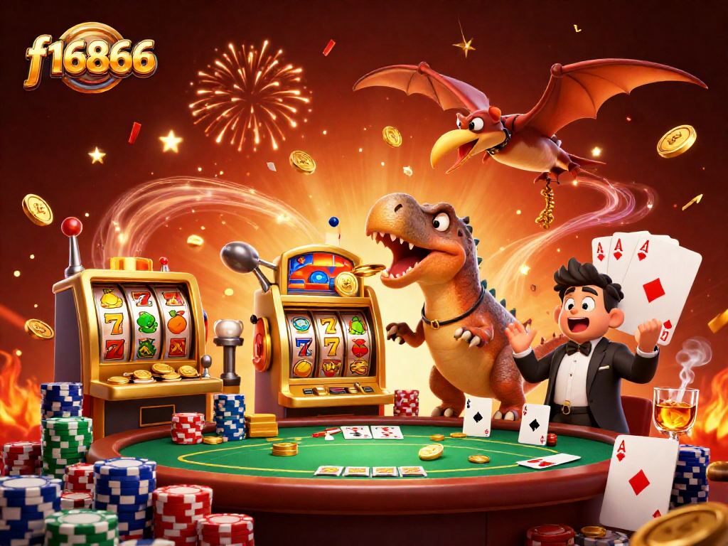 Exciting f16866 casino scene with dinosaurs, a slot machine, and flying coins.