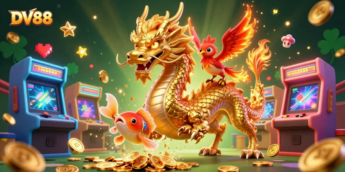 Experience thrilling action at DV88 with a golden dragon, phoenix, and koi fish amidst vibrant arcade elements.