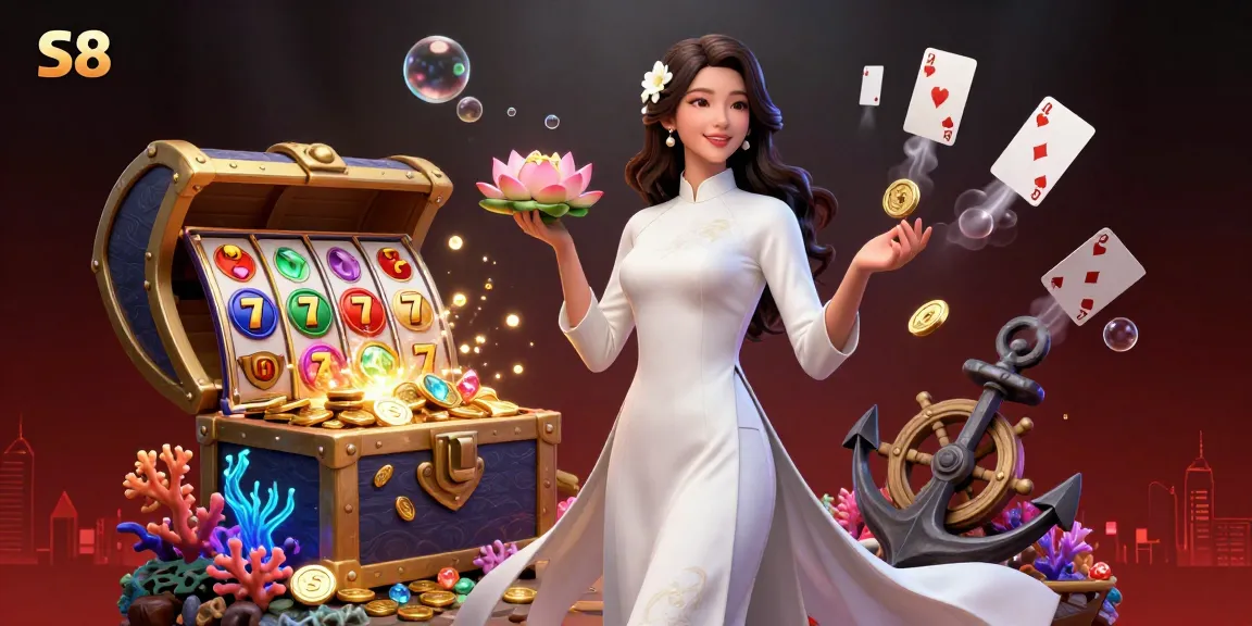S8 online gaming scene with an elegant Asian woman, dynamic slot elements, and immersive atmosphere.