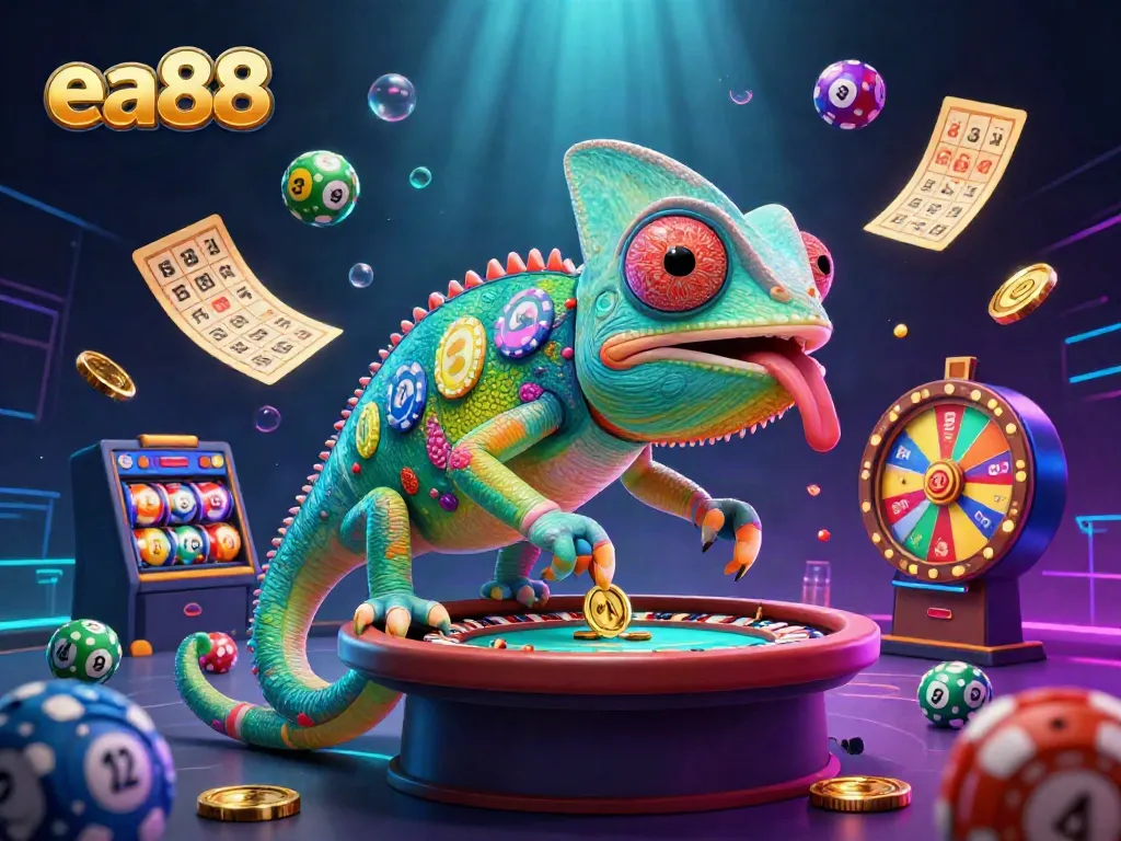 Win big with ea88 in a vibrant casino scene featuring an animated chameleon owner.