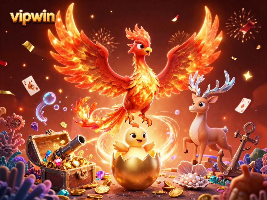 Bet on vipwin with a 3D phoenix and stag amidst vibrant casino symbols and treasures.