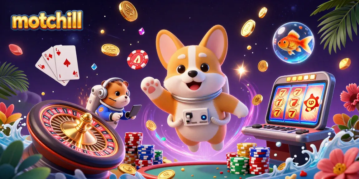 Motchill enhances excitement with a lively space casino scene featuring an astronaut corgi and casino elements.