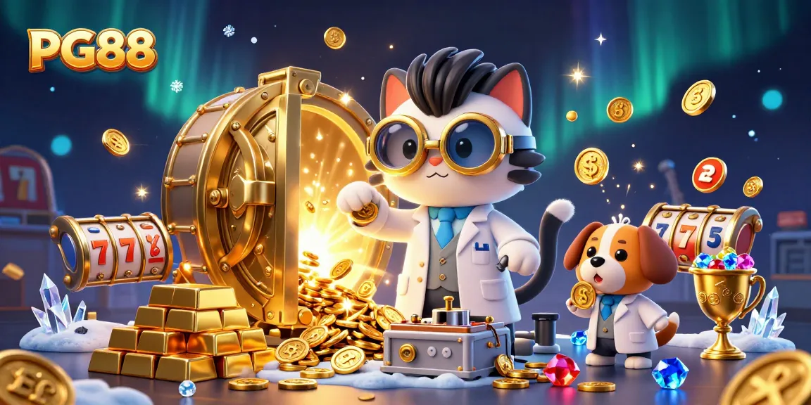 Spin to win with the PG88 casino adventure, featuring dynamic characters and vibrant gold treasures.