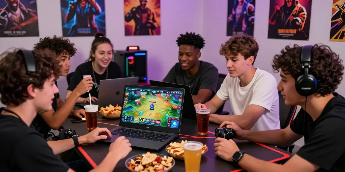 Friends enjoying a gaming session with Sun win on a laptop, snacks around in a lively atmosphere.