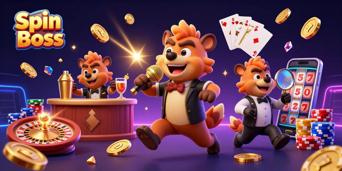 Spin Boss casino characters entertain with sparkling gems and roulette action in vibrant scene.