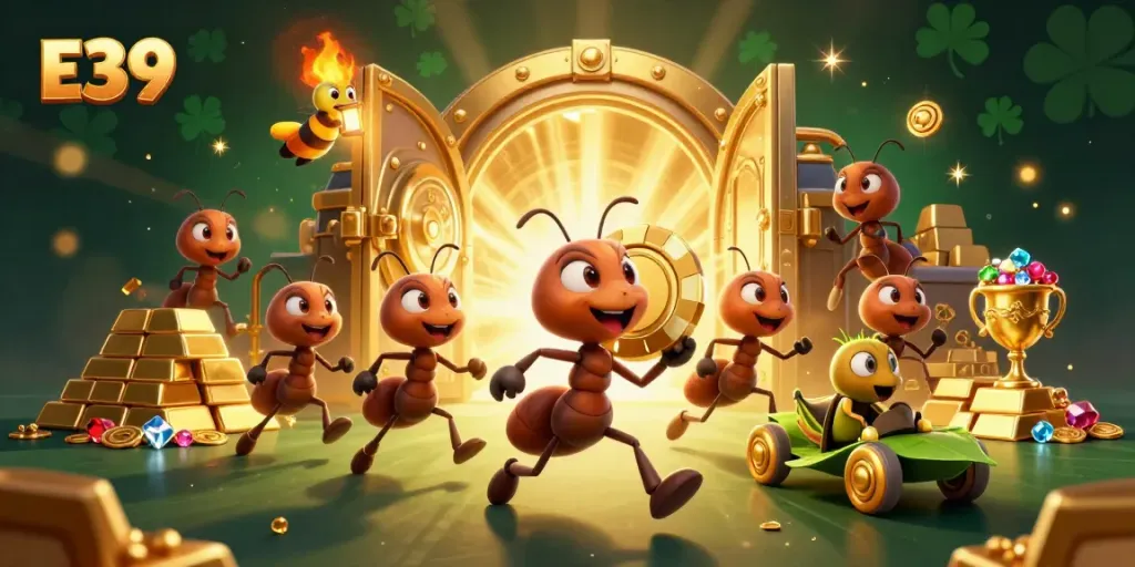 E39 casino ants heist with golden poker chip, surrounded by treasures and gems.