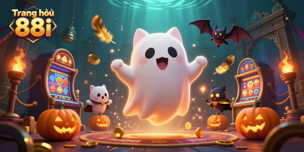 Experience the vibrant and spooky scene of Trang chủ 88i, featuring a friendly ghost cat and vampire bat in a haunted casino.