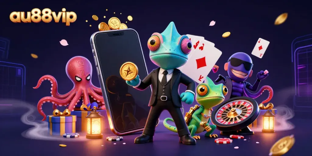 Engage with thrilling games at au88vip, featuring vibrant slot games, glittering coins, and exciting characters.