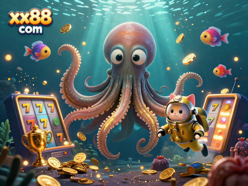 Engage in thrilling gameplay with xx88 com featuring a kraken and diving cat amidst slot symbols.