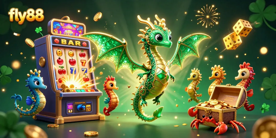 Experience thrilling wins at fly88 with vibrant casino illustrations featuring emerald dragons and jackpot symbols.