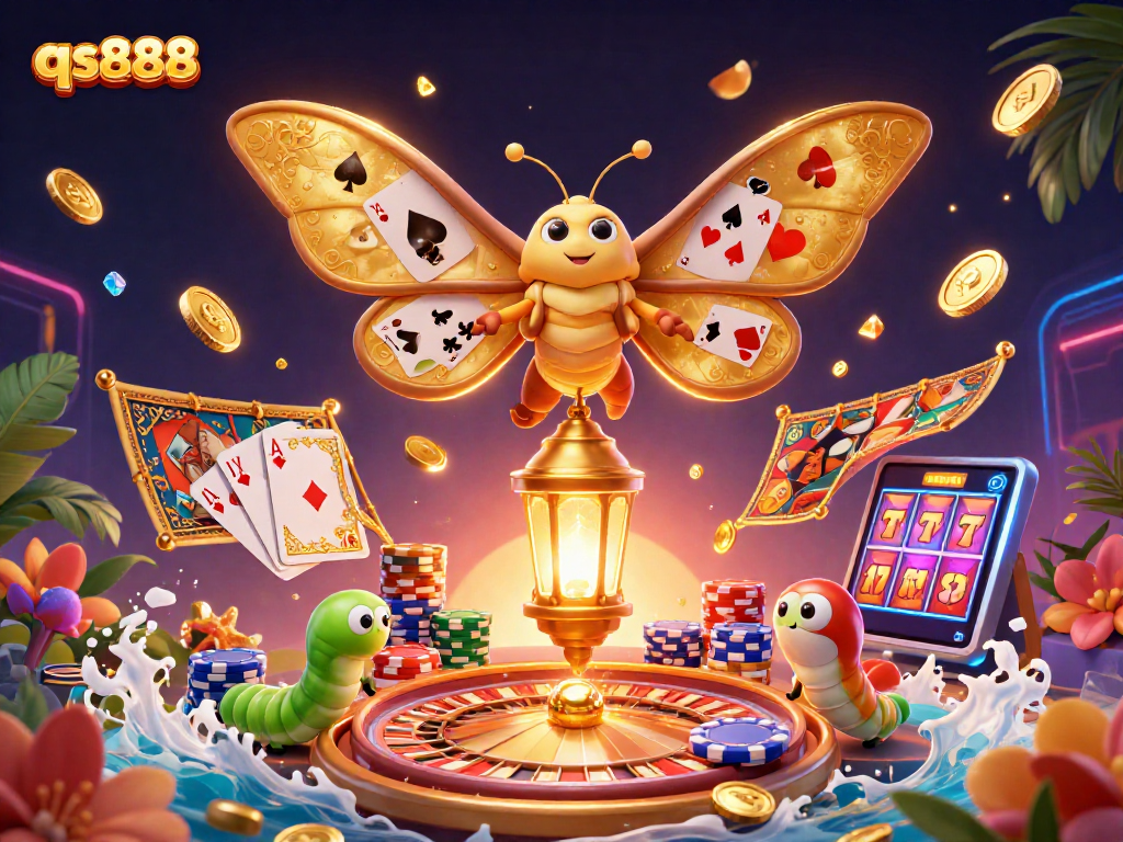 Experience the excitement of qs888 with vibrant casino elements and a majestic moth illustration.
