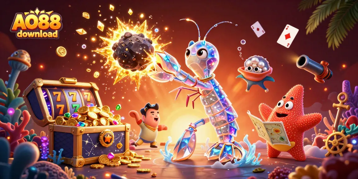 Engage with the adventure and excitement of AO88 download, featuring a galactic shrimp in a vibrant 3D casino scene.