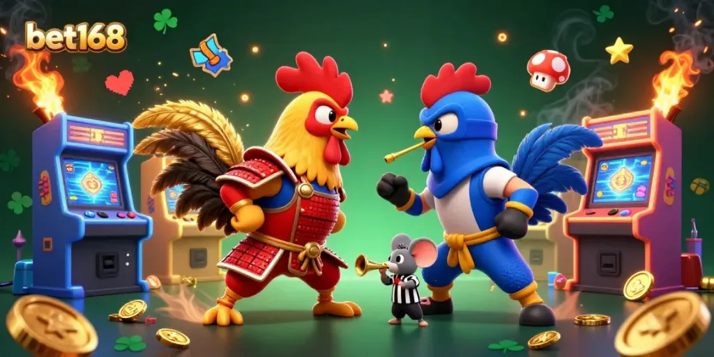 Experience thrilling moments at bet168 with intense rooster duels amidst dazzling 3D arcade games.
