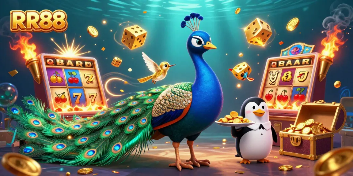 Engage in the exciting world of RR88 with a vibrant 3D casino scene filled with colorful game elements.