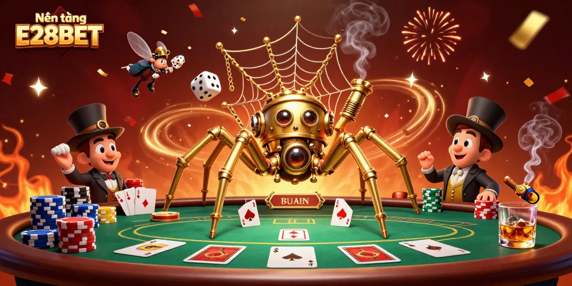 Nền tảng E28BET offers an immersive gaming experience featuring a detailed steampunk spider web of poker elements.