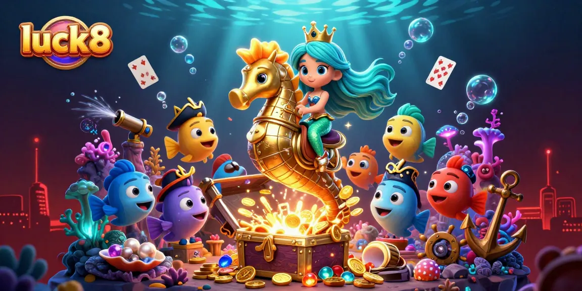 Experience luck8's vibrant casino adventure with cartoon mermaid and seahorse surrounded by treasure and games.