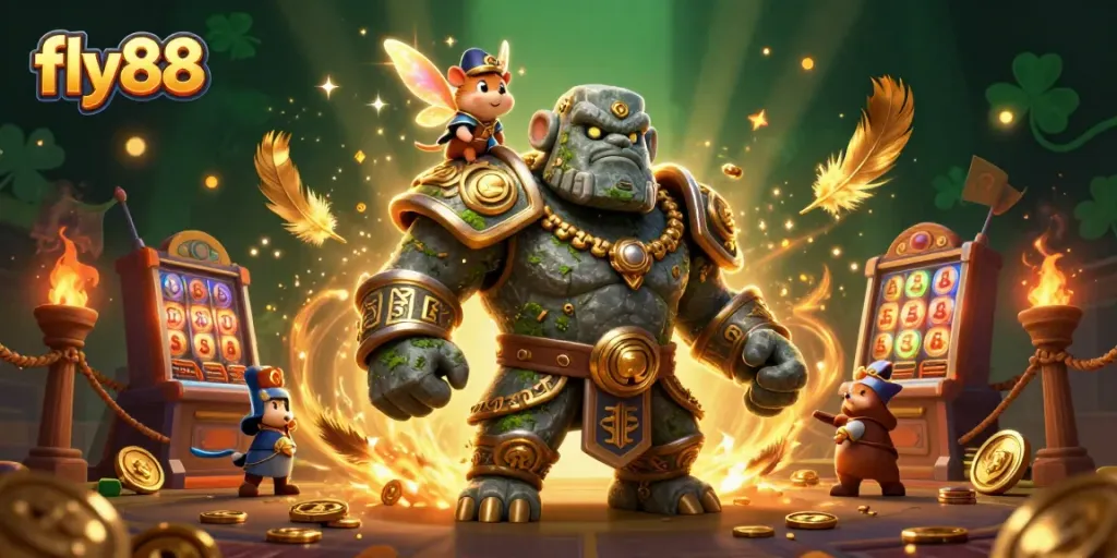 Experience the excitement of fly88 with a stone golem, fairy, and hamster knight amidst slot game elements.