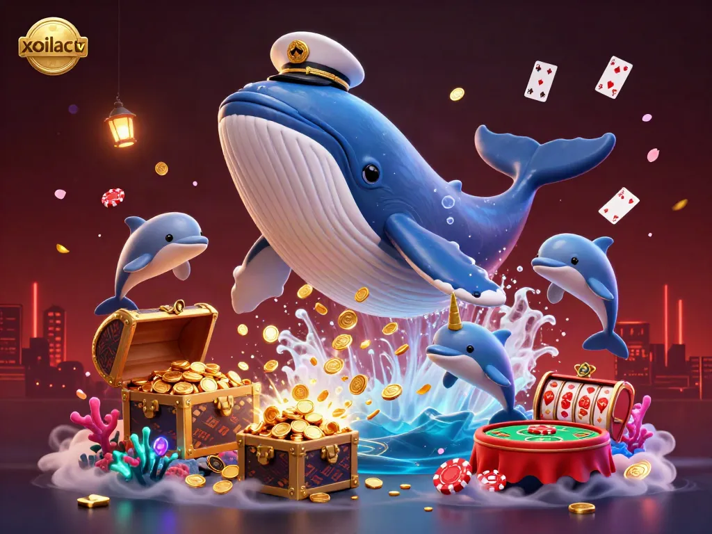 Engage in exciting gameplay with xoilac tv featuring animated cartoon whales and dolphins in a treasure-filled sea.