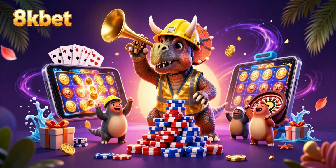 Experience dynamic gaming with 8xbet as a triceratops builds a poker chip pyramid amidst vibrant casino elements.