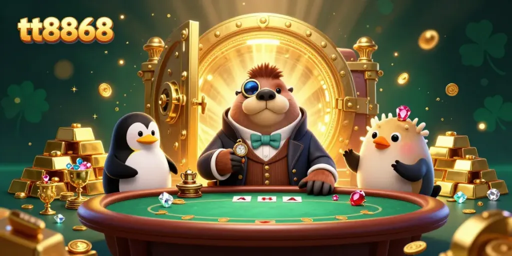 Experience the excitement of tt8868 with a jolly walrus at an underwater poker game, surrounded by riches.
