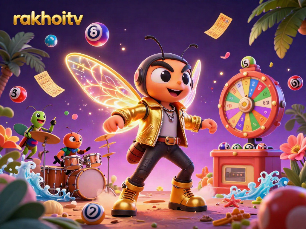 Experience rakhoitv with a vibrant 3D scene featuring a rock star and lottery elements.