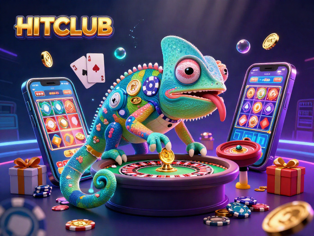 Engage in HITCLUB's vibrant casino experience featuring playful characters amidst exciting gaming elements.