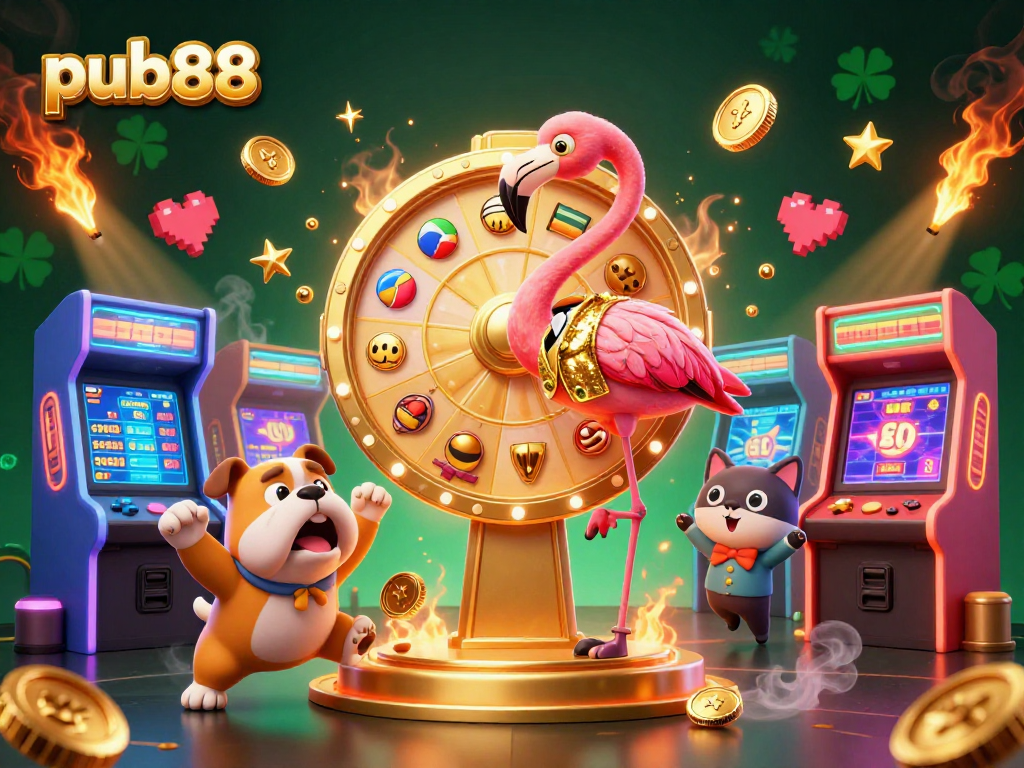 Experience the thrill of winning at pub88 with vibrant gaming elements and energetic characters in a colorful casino scene.