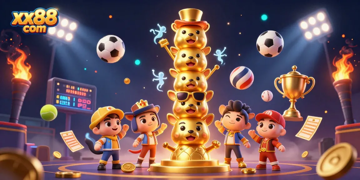 Engage in thrilling bets with xx88 com at this vibrant casino illustration featuring animated totem poles and sports elements.
