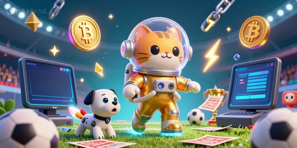 Engage with tỷ lệ kèo nhà cái as a cartoon astronaut cat navigates dynamic sports betting elements.