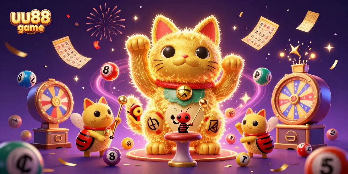 Engage with the uu88 game experience featuring a vibrant lucky cat and casino symbols amidst a festive atmosphere.