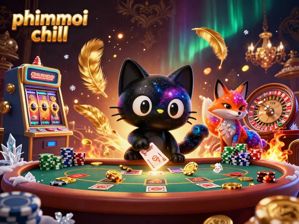 Engaging phimmoi chill illustration with a cosmic casino theme featuring a black hole cat, golden chips, and slot elements.