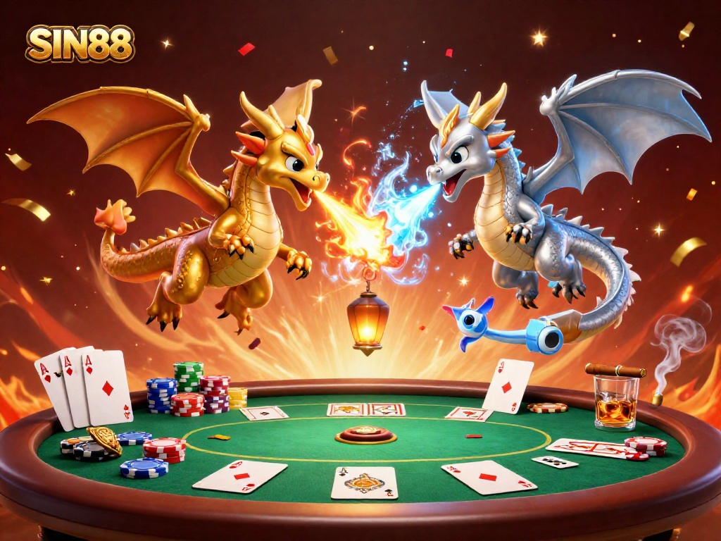 SIN88 showcases a thrilling display of dragons and poker elements in an epic casino scene