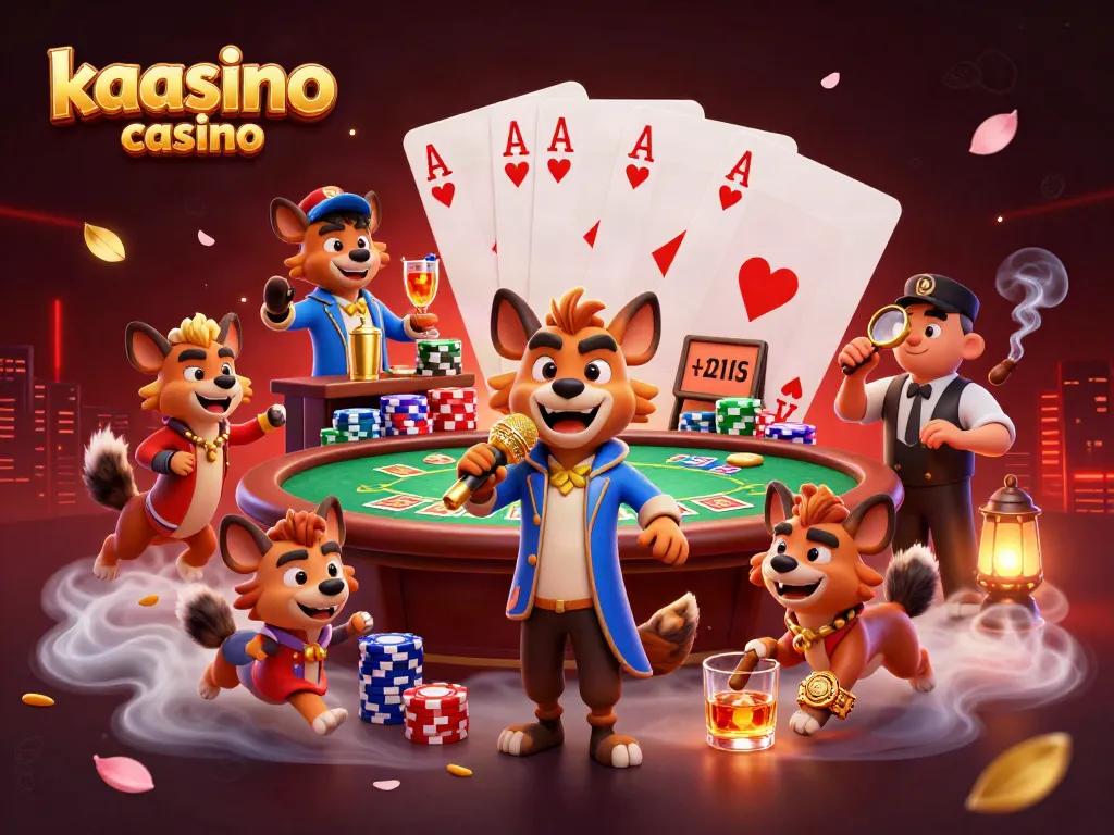 Experience the excitement of kaasino casino with a lively 3D illustration showcasing playful hyenas at a comedy club.