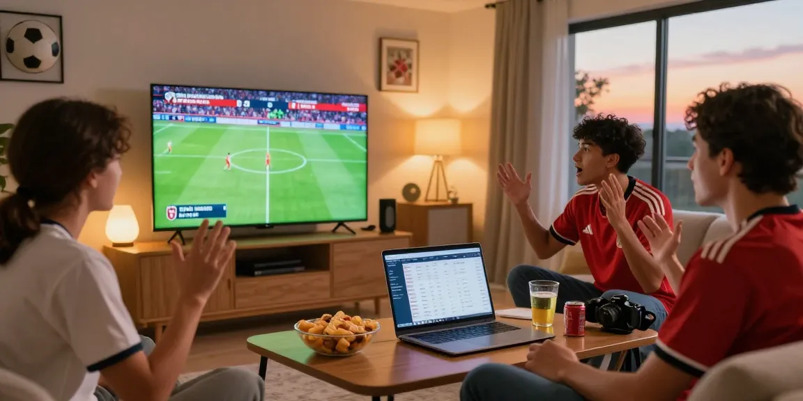Excited football fan analyzing kèo nhà cái while watching a World Cup match in a cozy living room.
