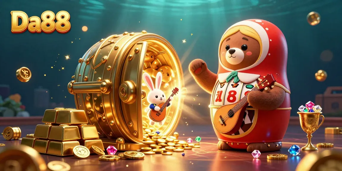 Experience Da88 gameplay with charming bears and treasure, surrounded by casino excitement and vibrant gems.