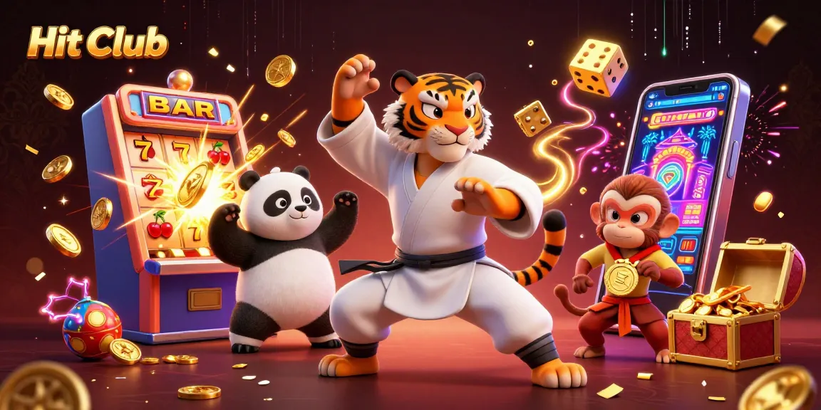 Hit Club showcases a vibrant 3D scene with characters enjoying a jackpot explosion and casino excitement.